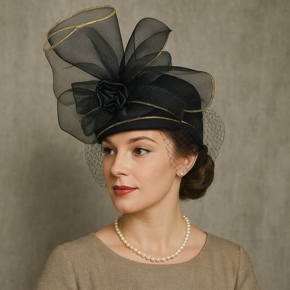 Vintage Black Wool Cocktail Hat Fascinator Veil Bow Gold Trim 1950s 1960s USA - Picture 1 of 9